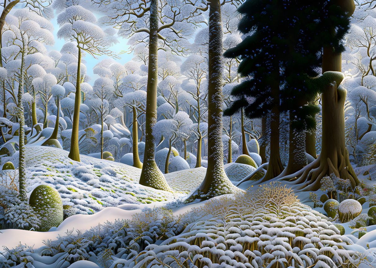 Snow-covered winter forest with serene ambiance