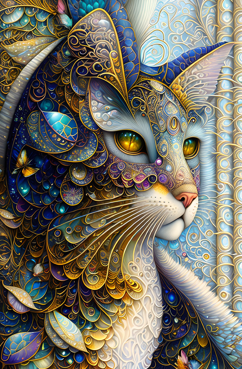 Detailed Illustration of Fantastical Cat with Colorful Patterns and Golden Eyes
