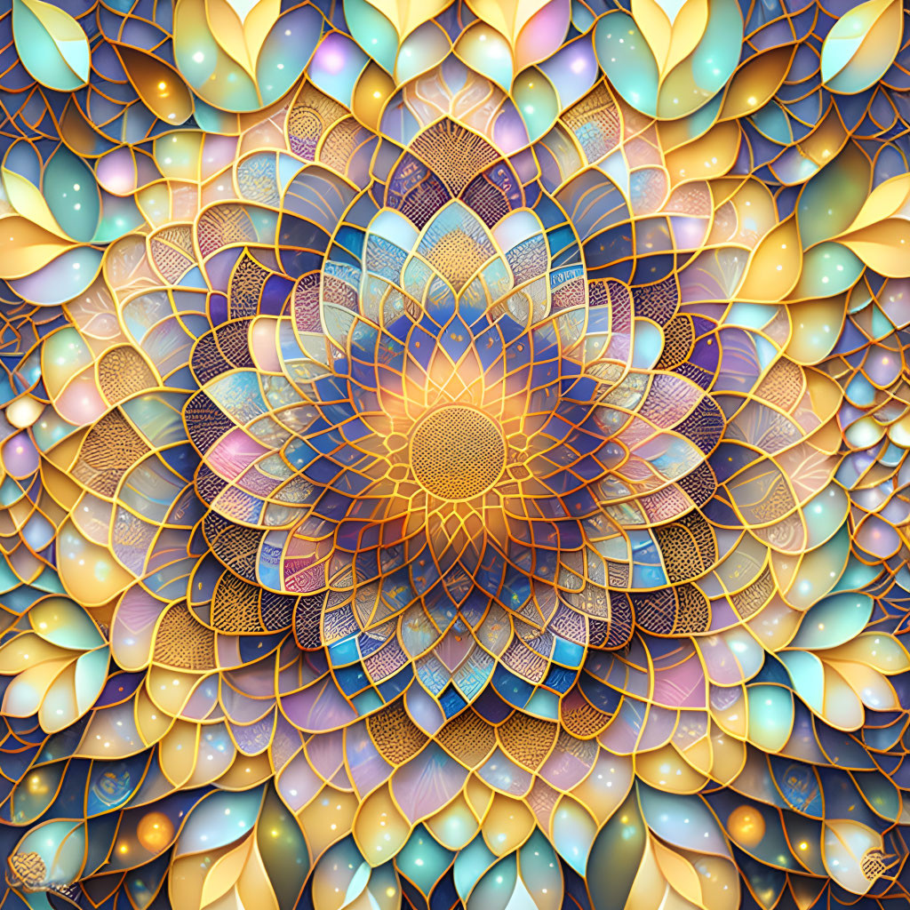 Symmetrical mandala-like digital artwork with intricate petal layers in gold, blue, and pink palette