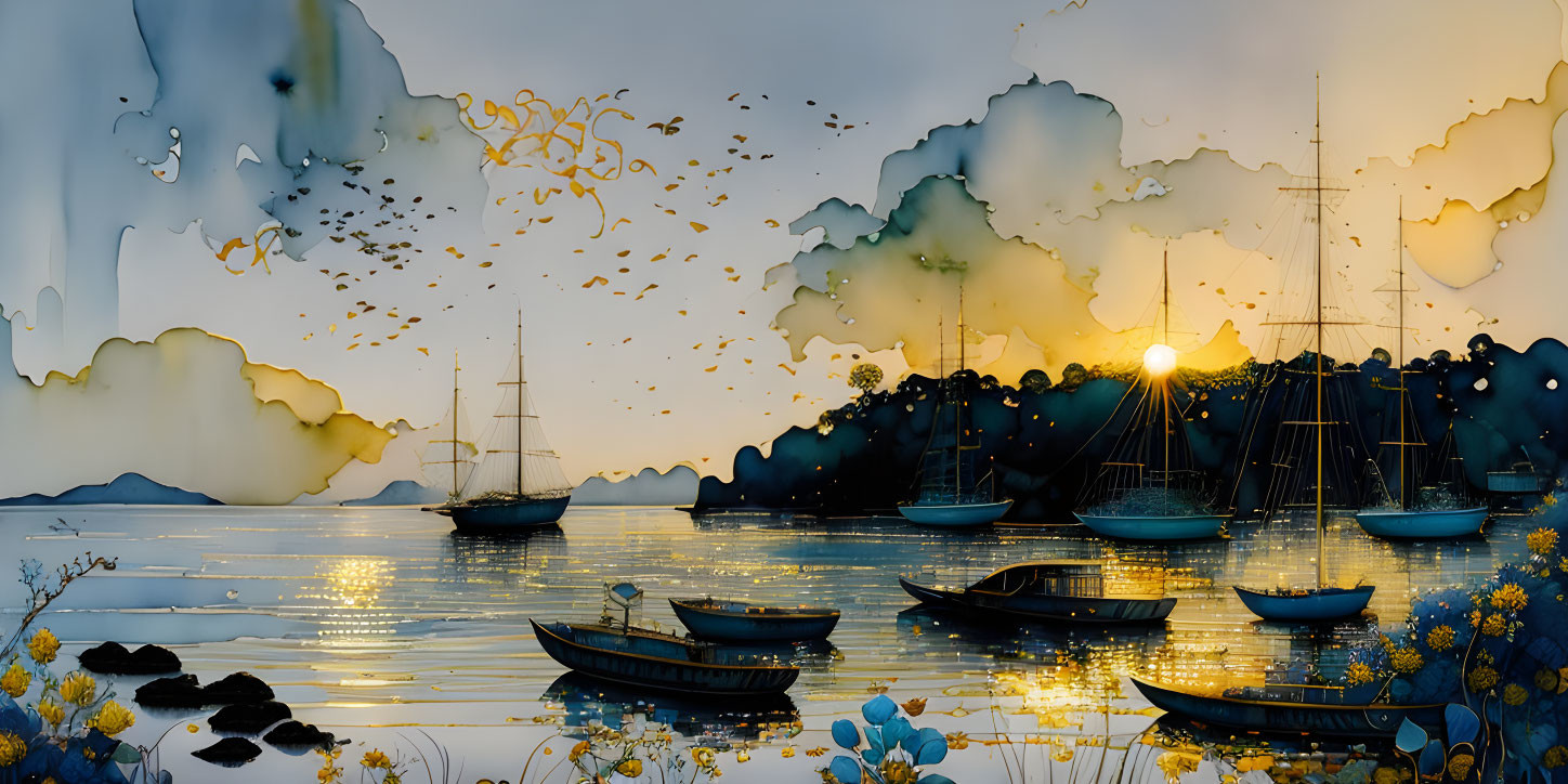 Tranquil harbor scene with boats at sunset in blue, gold, and black tones