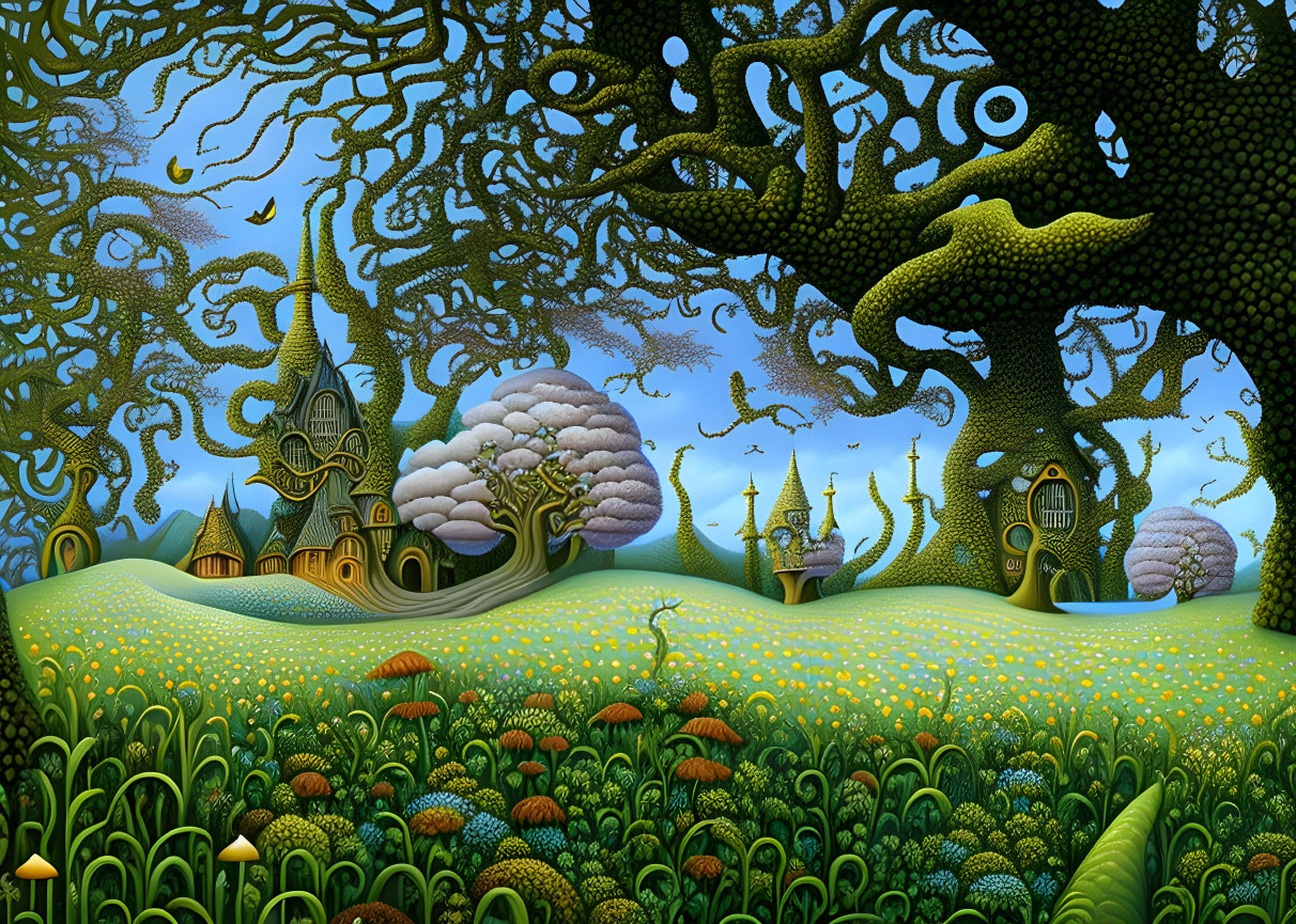 Fantastical landscape with patterned trees, whimsical houses, and vibrant field.