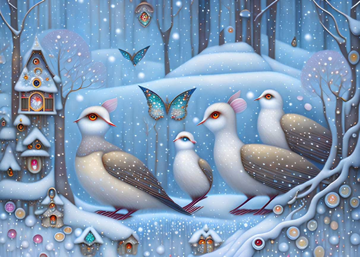 Four stylized birds on snowy branches with butterflies and birdhouses in winter.