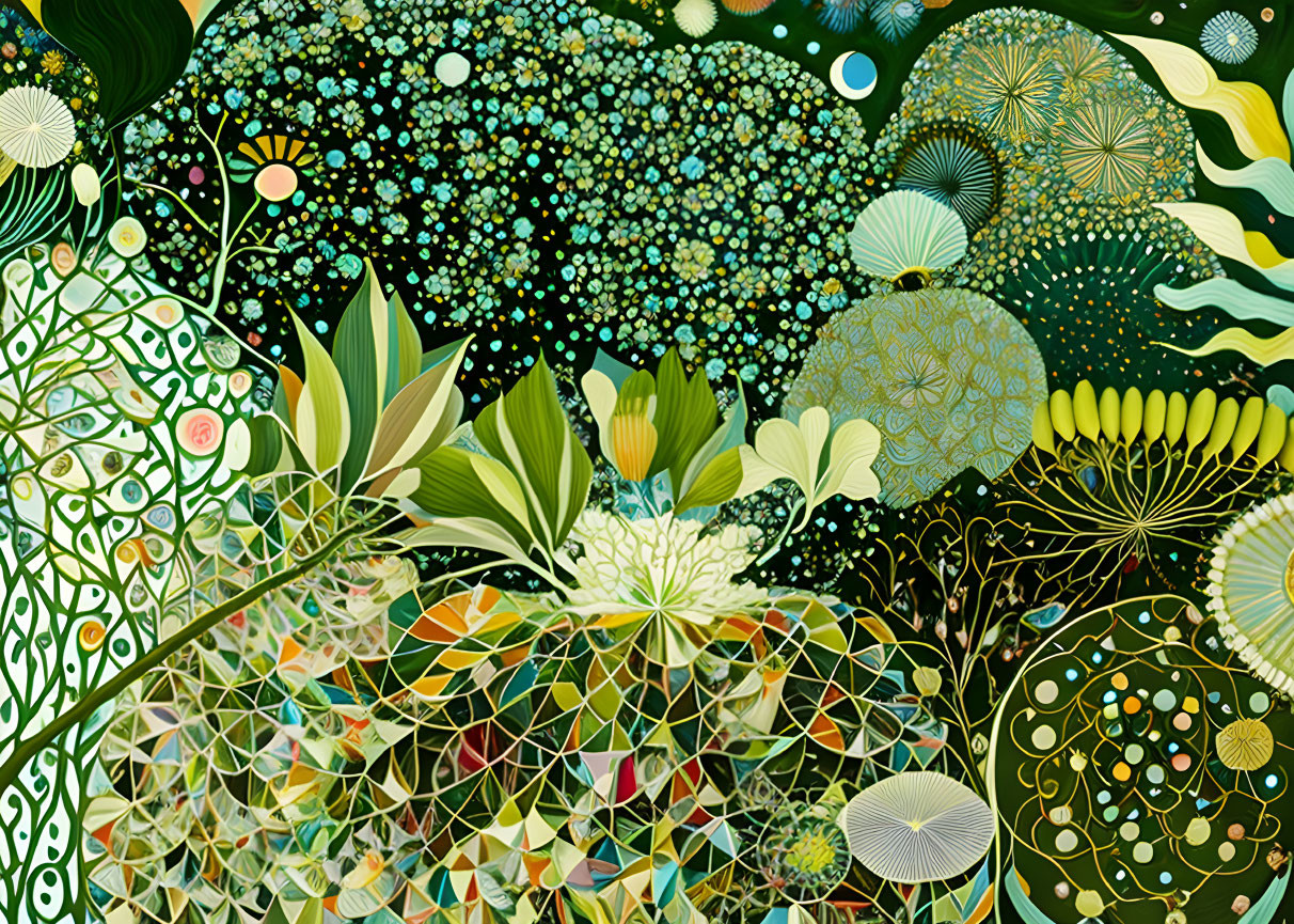 Colorful Abstract Artwork with Green Hues & Floral Motifs