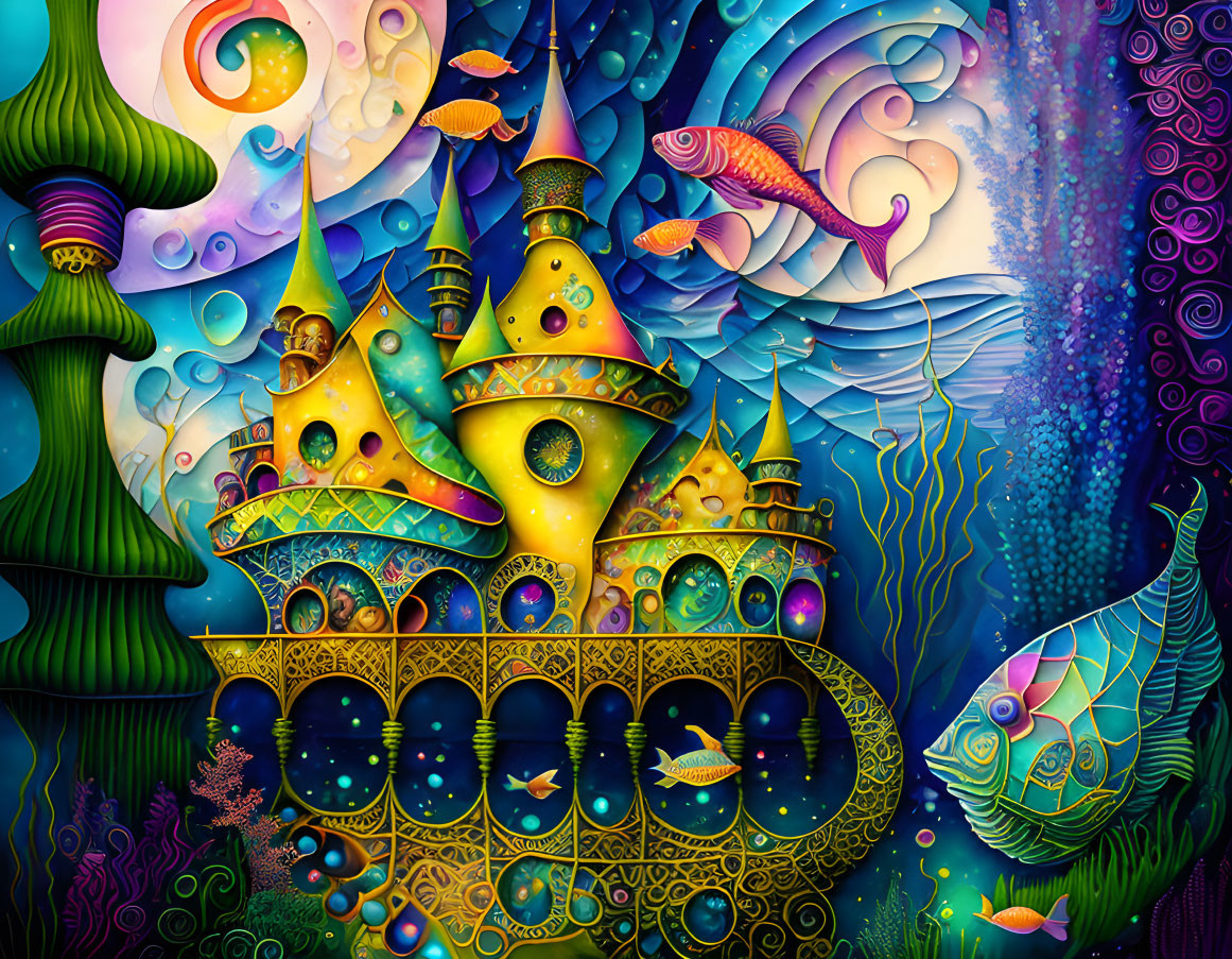 Colorful Underwater Scene with Castle-Shaped Submarine and Vibrant Marine Life