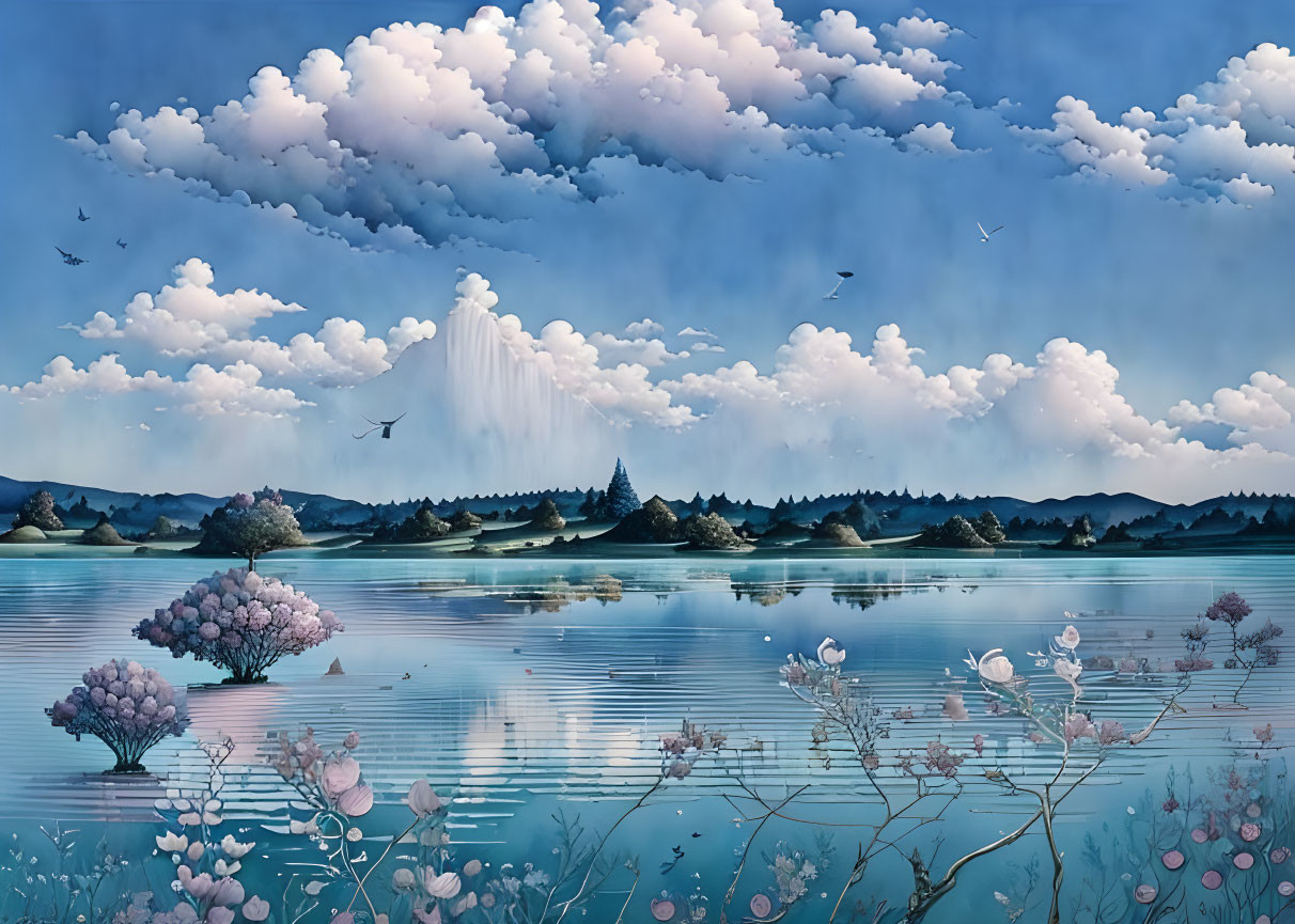 Tranquil lakeside landscape with pastel flora, rolling hills, and birds in cloudy sky.