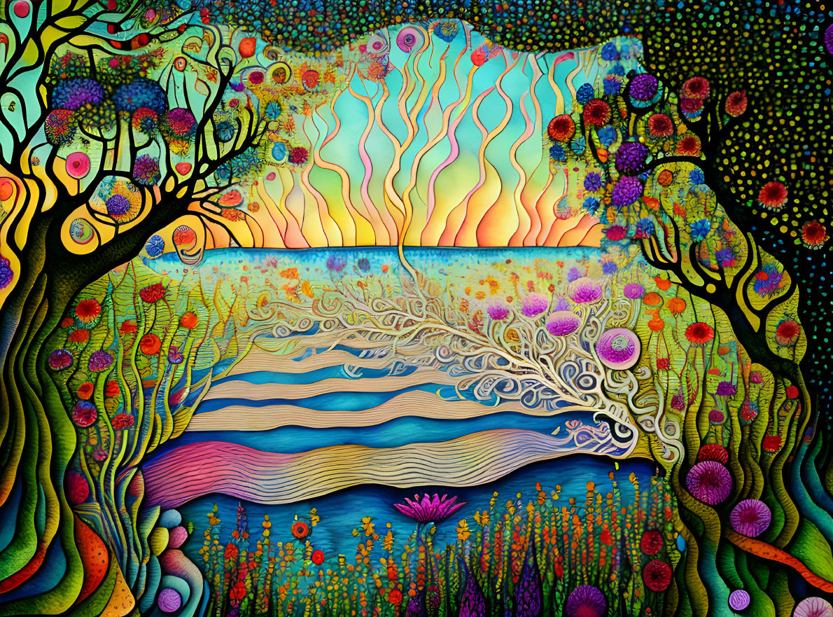 Colorful Abstract Landscape with Swirling Patterns and Psychedelic Sky