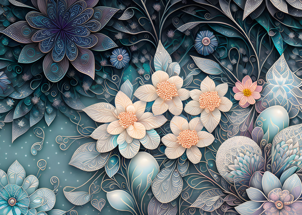 Detailed mystical floral scene with blue and beige patterned flowers on teal background