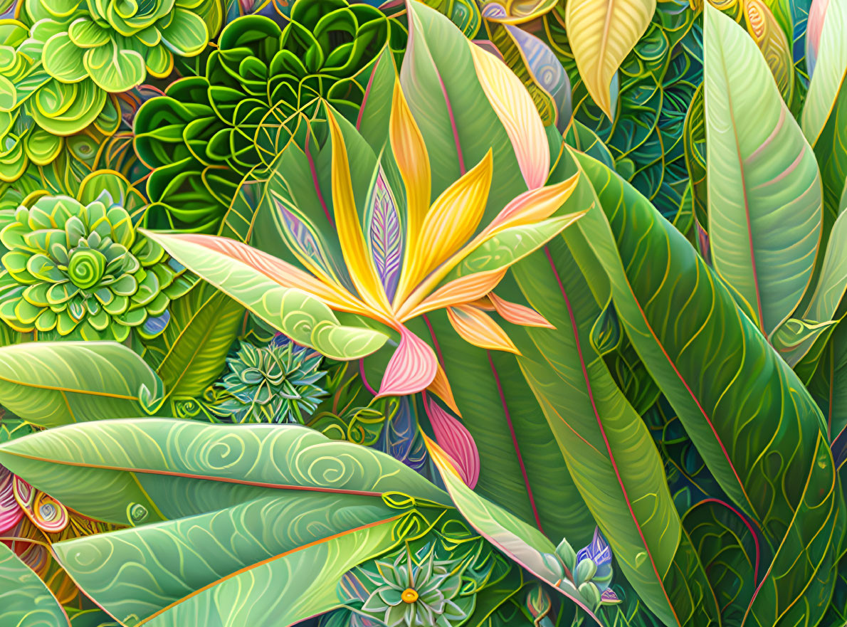 Colorful digital artwork featuring intricate botanical elements