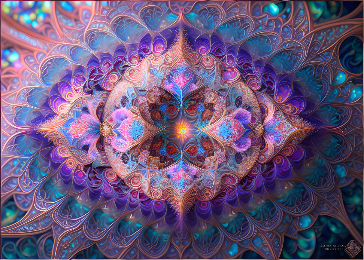 Colorful Digital Fractal Art with Heart Center in Blue, Purple, and Orange