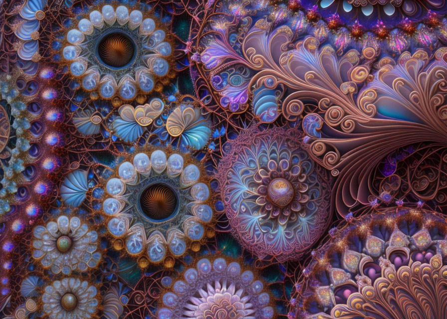 Intricate Floral and Seashell Patterns in Vibrant Fractal Image