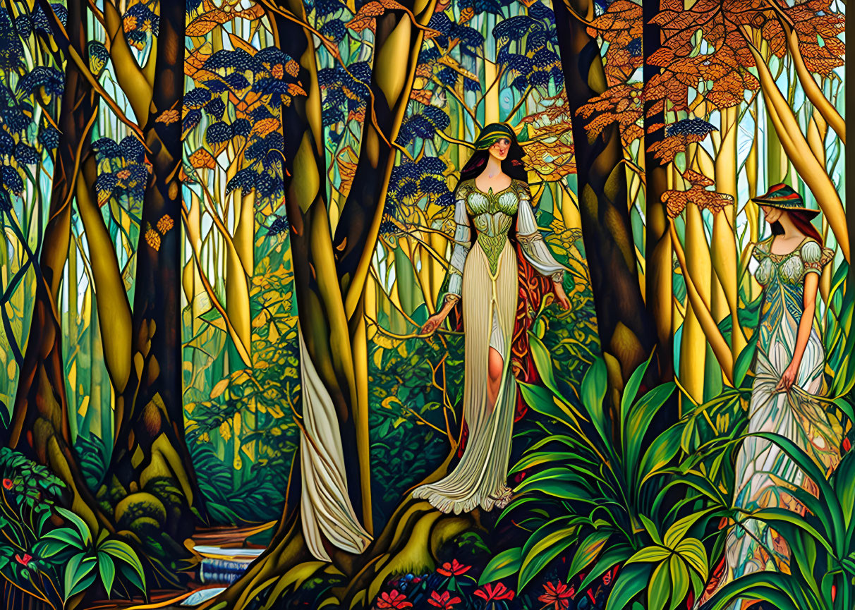 Art Nouveau Style Illustration of Two Women in Forest