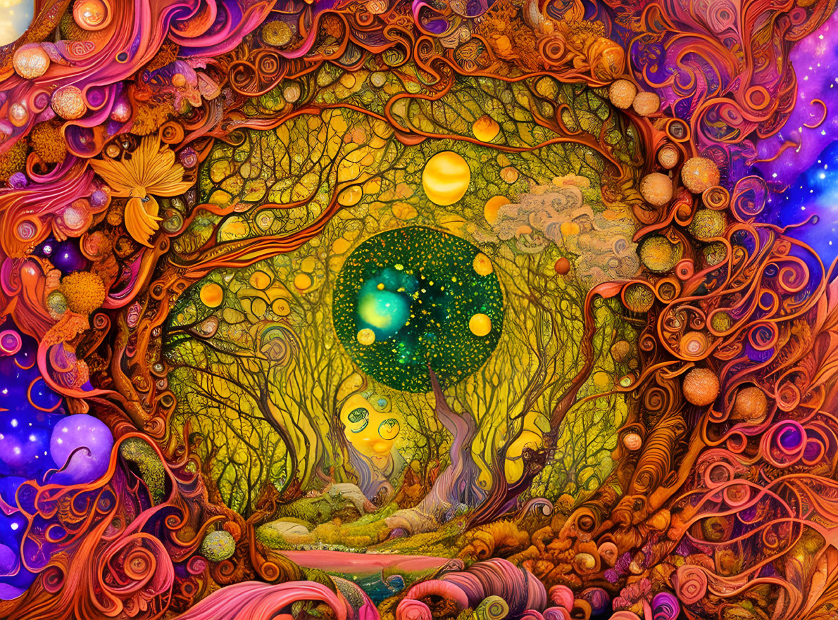 Fantasy landscape with tree portal, swirling colors, celestial bodies, and intricate patterns