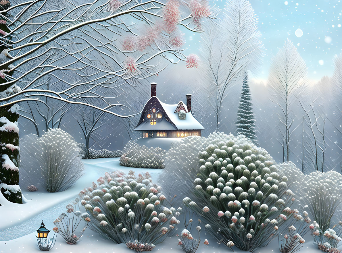 Snow-covered trees and cozy cottage in winter twilight