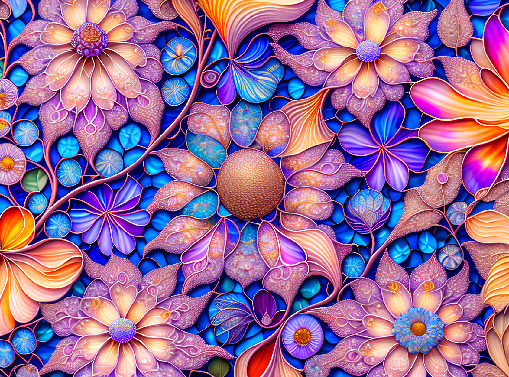 Colorful digital artwork: intricate floral pattern in purple, blue, orange, and brown