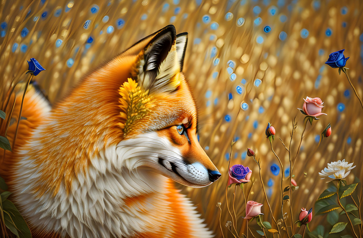 Detailed Fox Illustration in Blue and Pink Roses Field