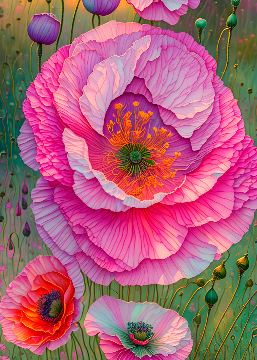 Detailed Digital Art: Large Pink Flower in Full Bloom