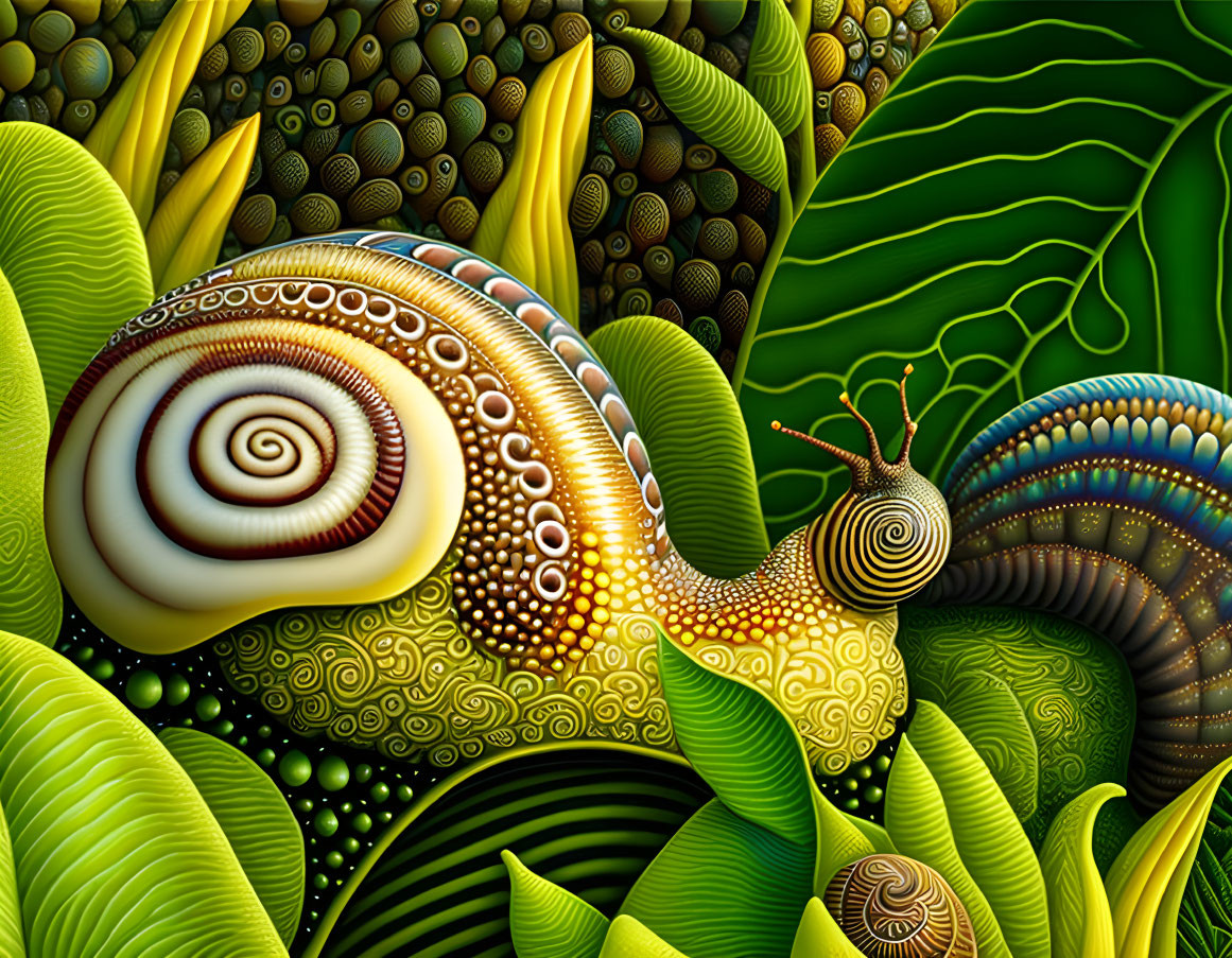 Colorful digital artwork of stylized snail in lush greenery