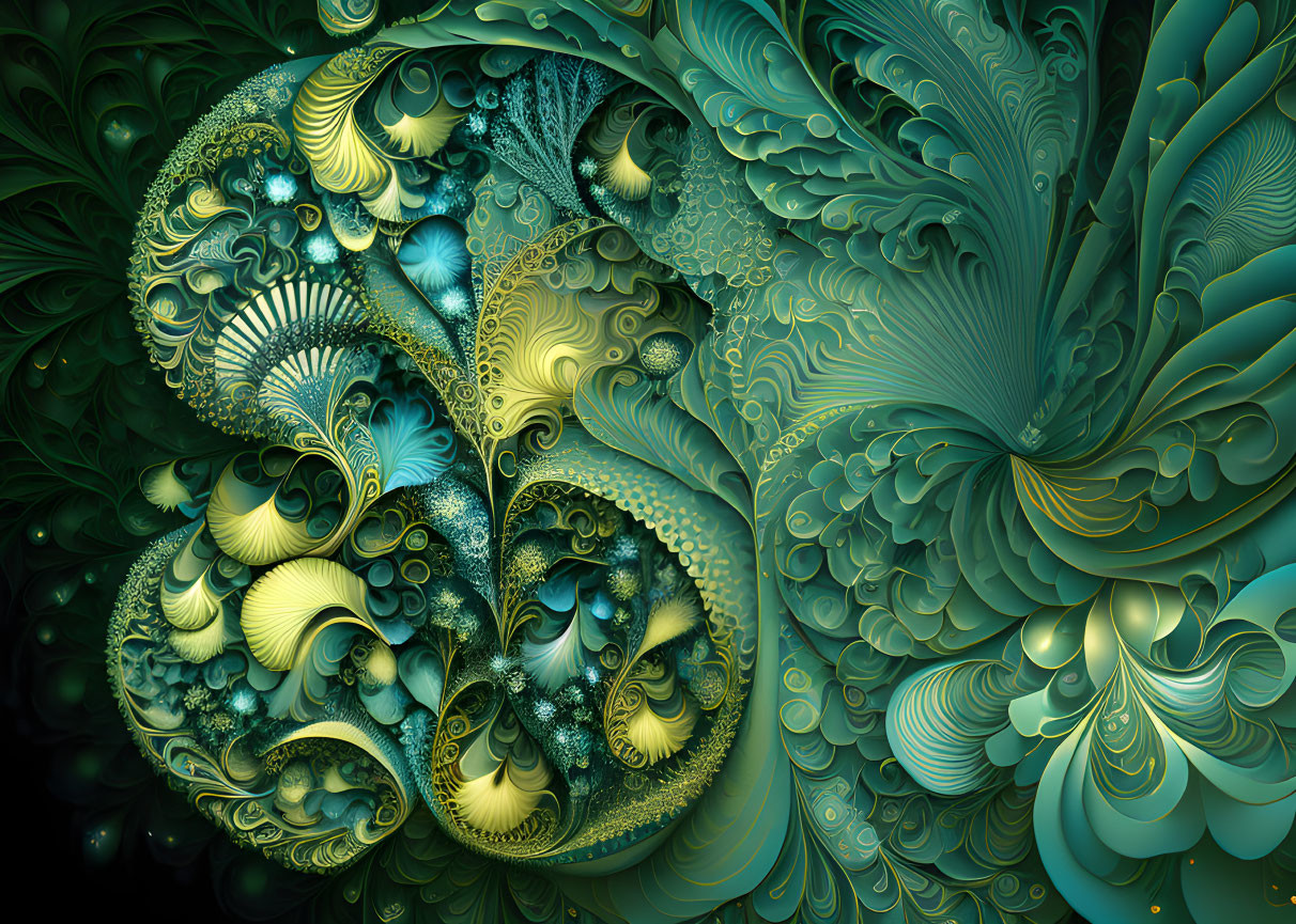 Colorful Fractal Artwork with Leaf-Like Patterns in Green and Yellow