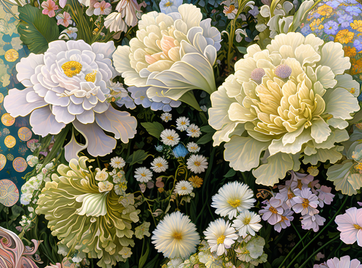 Colorful Floral Arrangement with White Peonies and Daisies on Blue Background