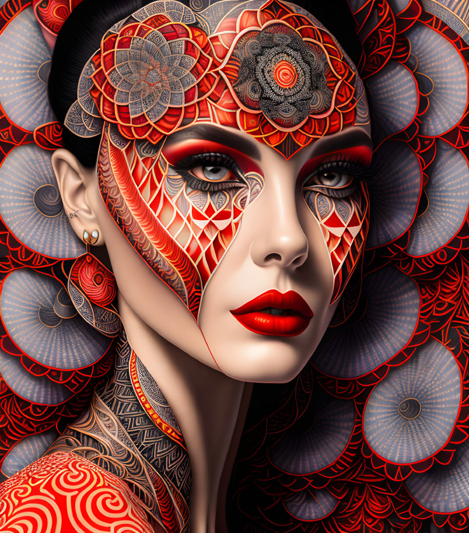 Intricate Red and Black Patterned Woman with Bold Makeup