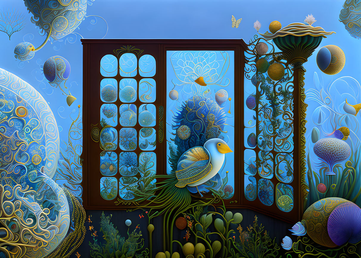 Surreal artwork: bird in underwater scene with marine flora & patterns