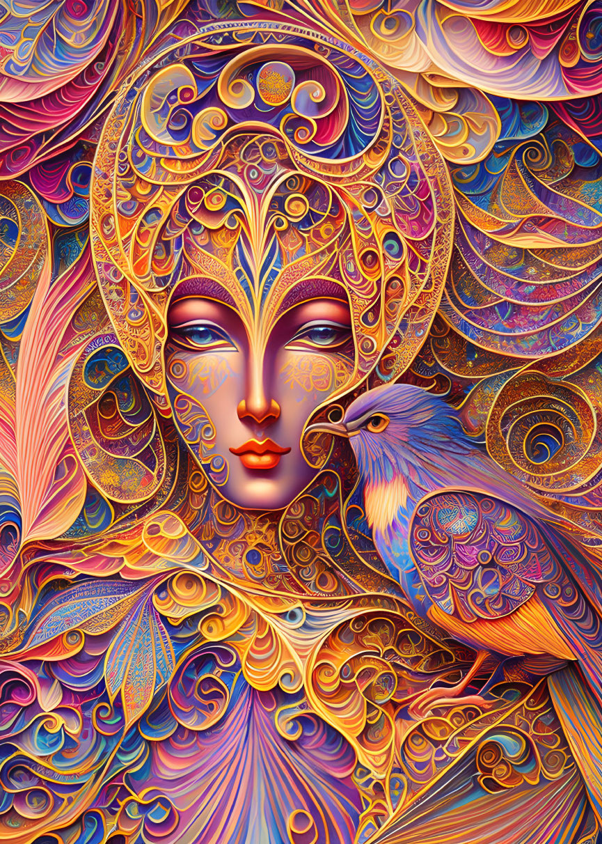 Colorful illustration of a mystical woman with intricate patterns and a bird perched on her hand.