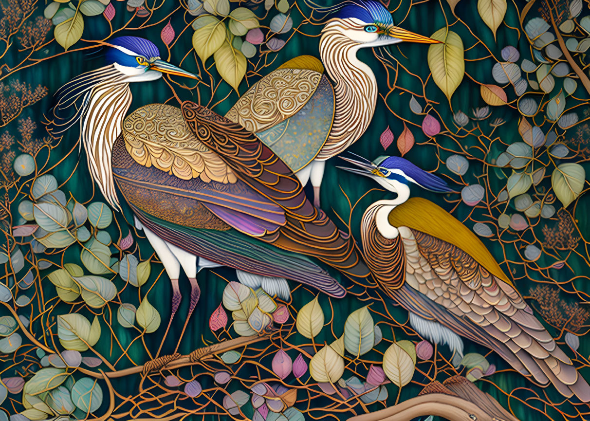 Colorful digital artwork: Three stylized herons in intricate foliage