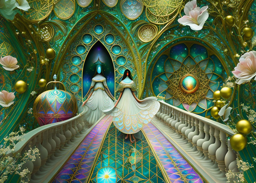 Woman in flowing gown in ornate hall with glowing geometric shapes.