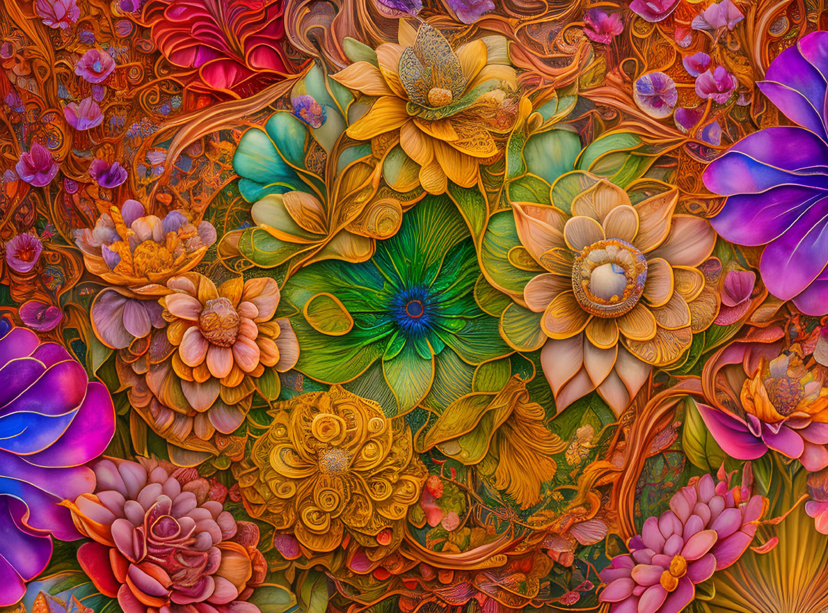 Detailed Floral Tapestry in Gold, Purple, and Green Blossoms