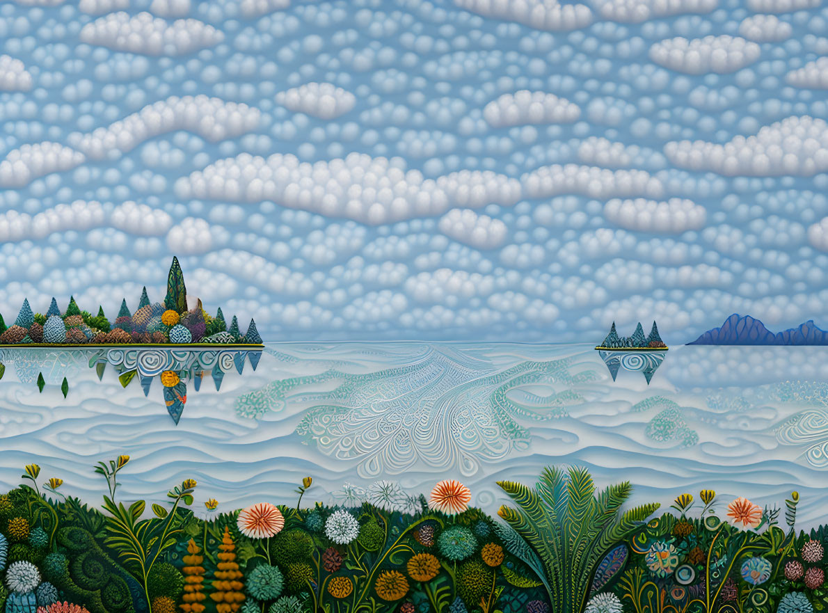 Surreal landscape painting with patterned sea and vivid flora