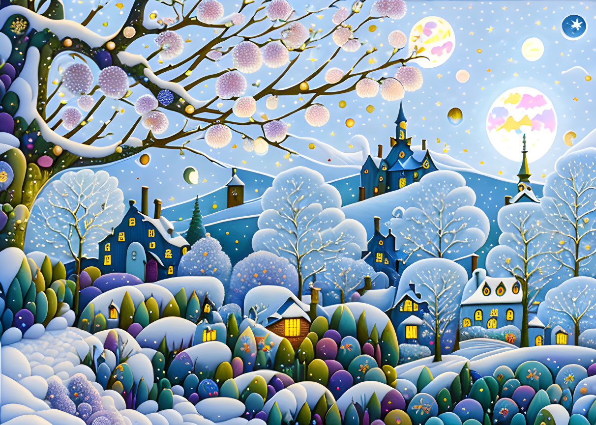 Snow-covered winter landscape with glowing houses and colorful moon