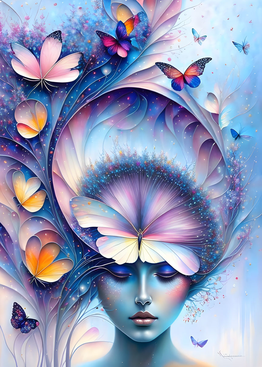 Surreal woman with vibrant butterflies and whimsical flora in blue, pink, and purple tones