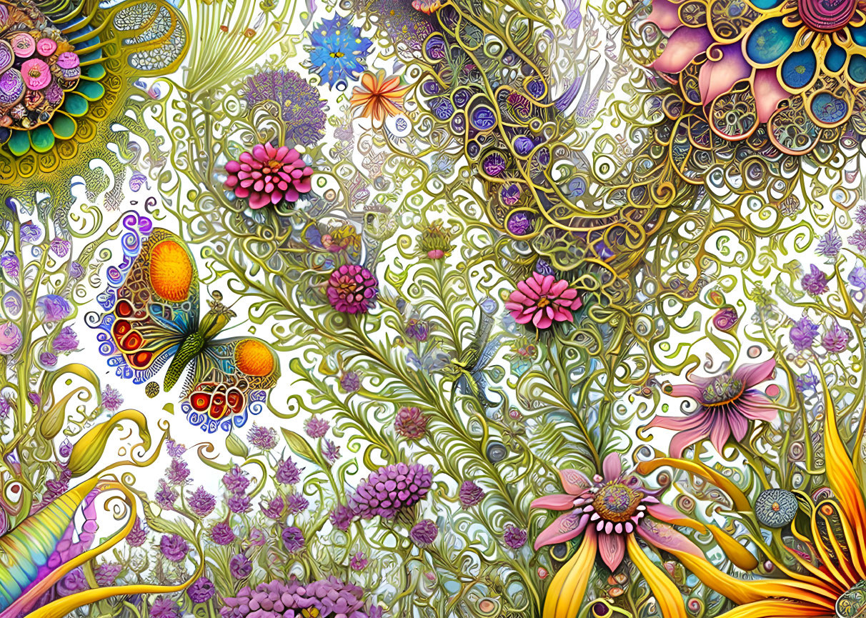 Colorful digital artwork with intricate patterns, flowers, and butterflies