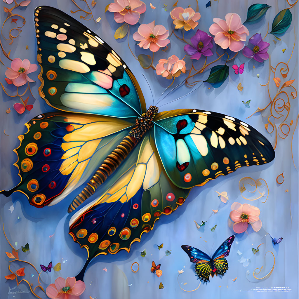 Colorful Butterfly Artwork with Flowers on Blue Background