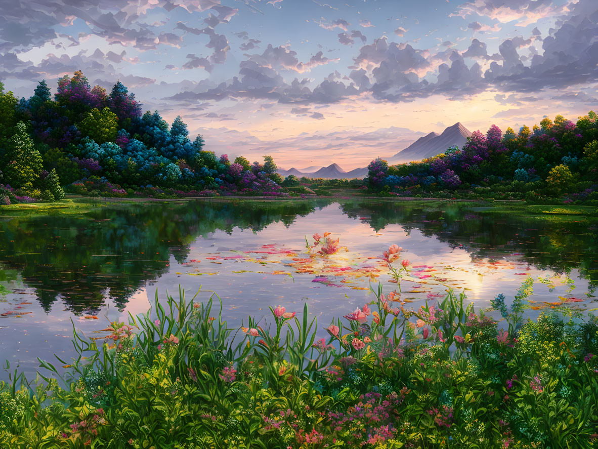 Tranquil lake mirroring vibrant flowers, trees, and sunset sky.