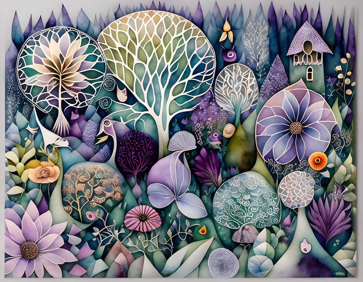 Colorful Painting of Whimsical Trees, Flowers, and Birdhouses