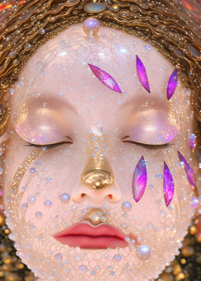 Surreal digital art: face with golden details, purple feathers, intricate bubble patterns