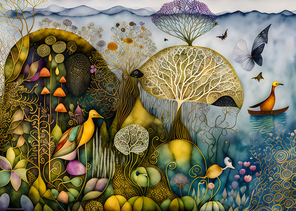 Vibrant, whimsical landscape with aquatic and terrestrial elements