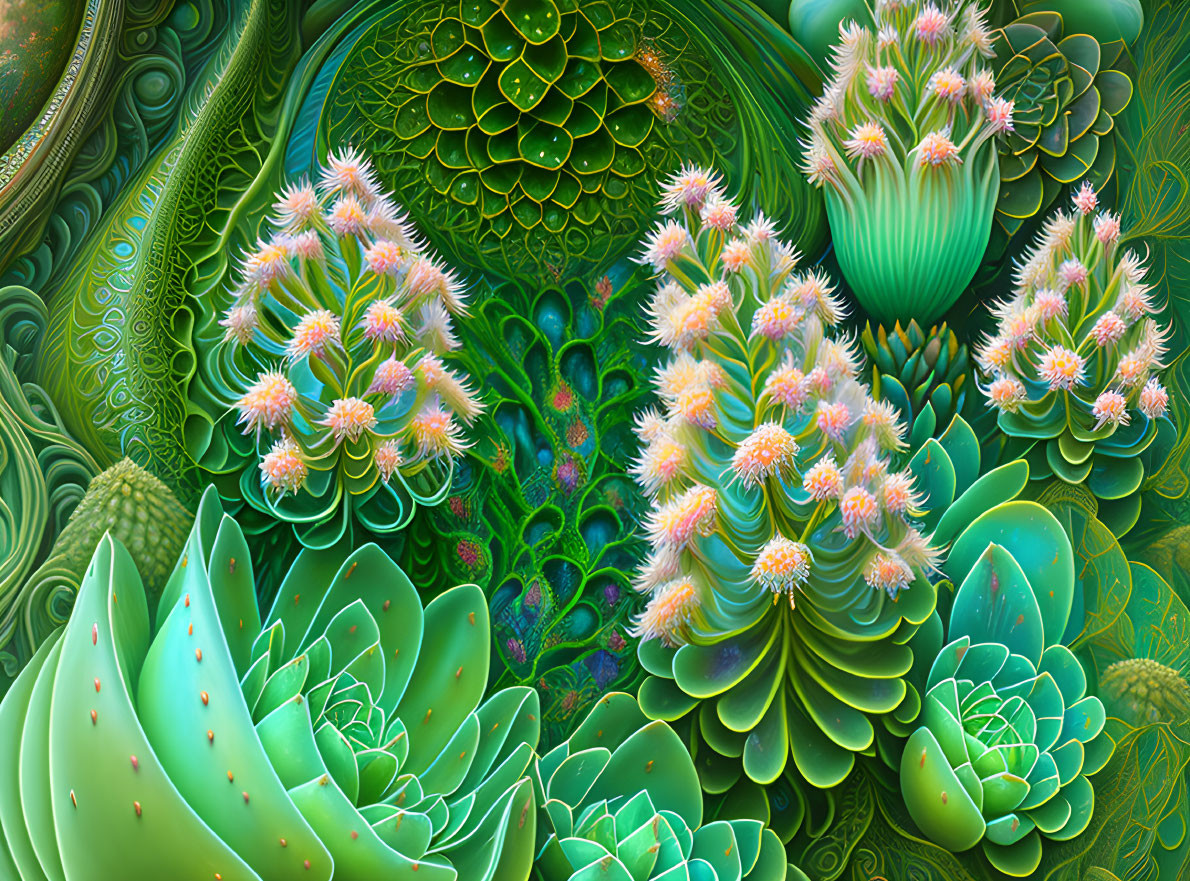 Colorful digital artwork featuring fractal succulents and blooming plants in intricate patterns and green hues