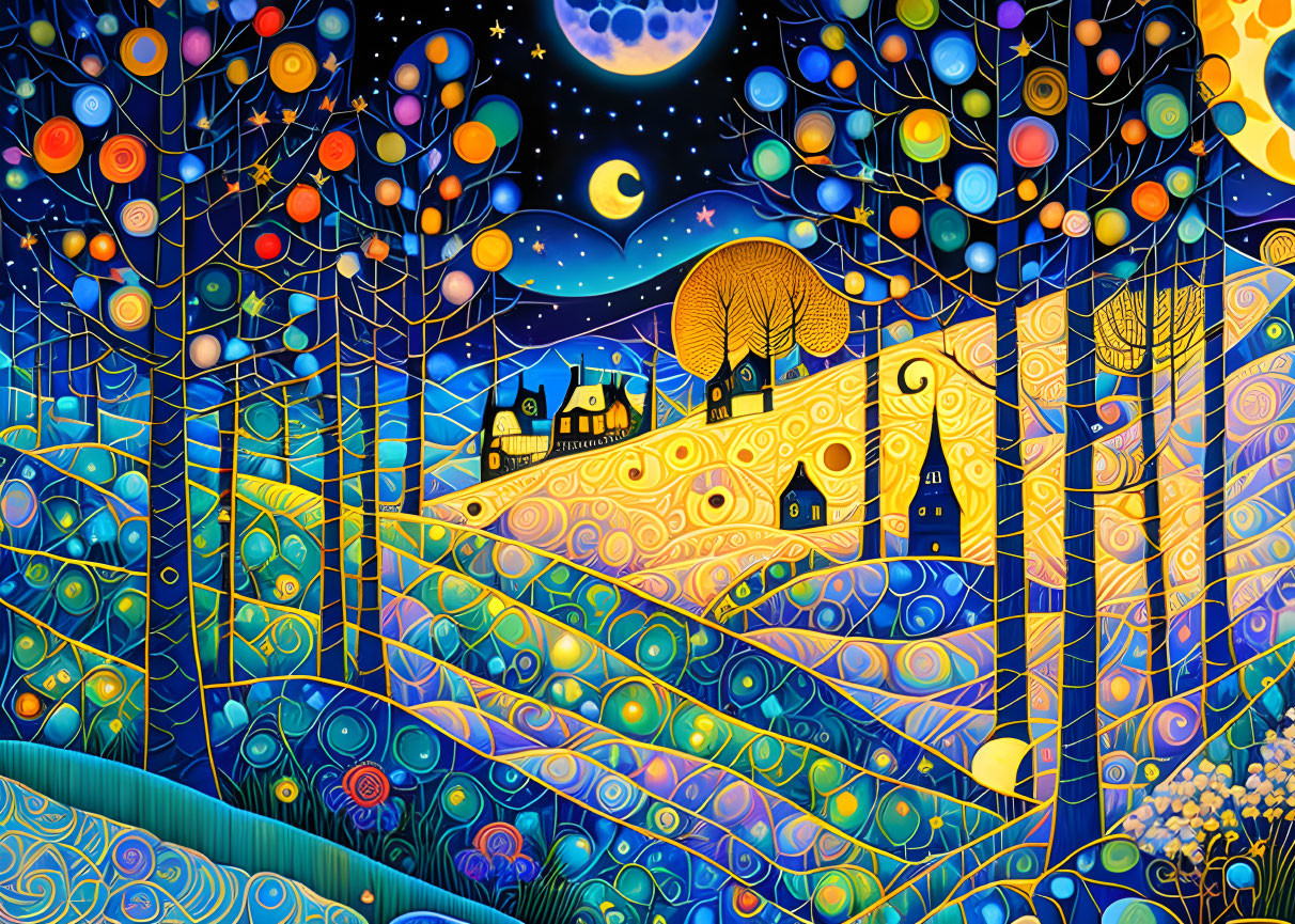 Colorful Stylized Landscape with Whimsical Trees and Starry Night Sky