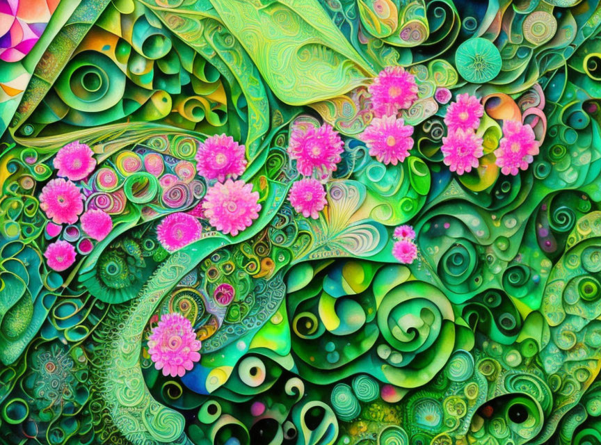 Colorful psychedelic abstract art with spirals and floral patterns