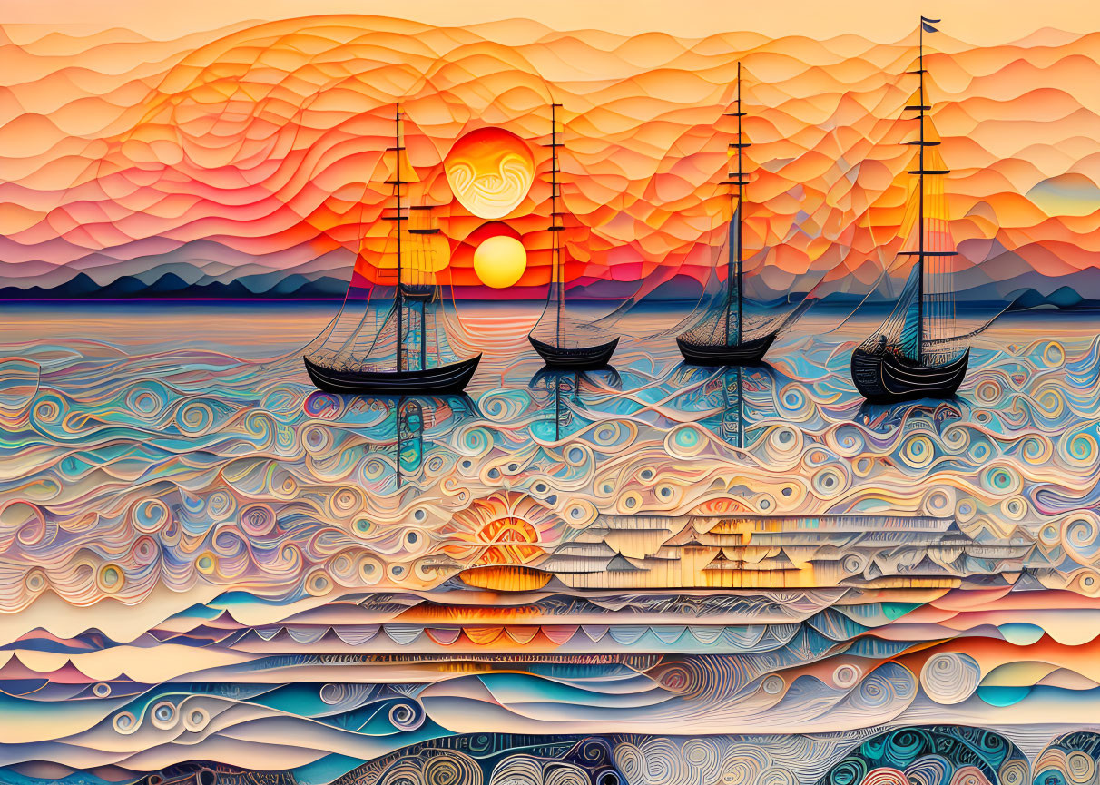 Stylized sunset seascape with patterned waves and silhouetted ships