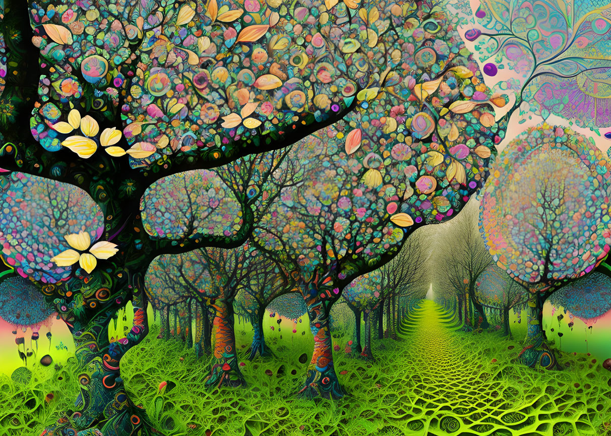 Colorful Psychedelic Forest with Stylized Trees and Luminescent Foliage