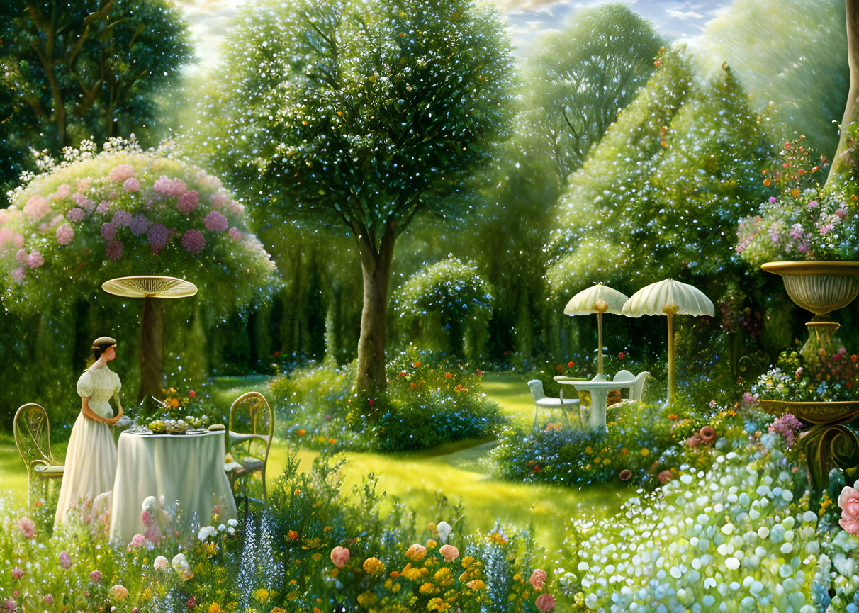 Tranquil garden scene with lush greenery, vibrant flowers, woman in dress, and elegant furniture