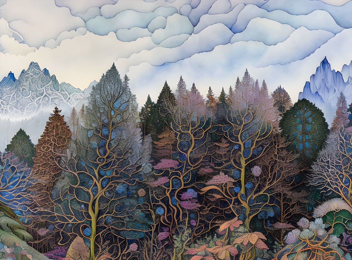 Colorful Detailed Forest Illustration with Sky and Mountains