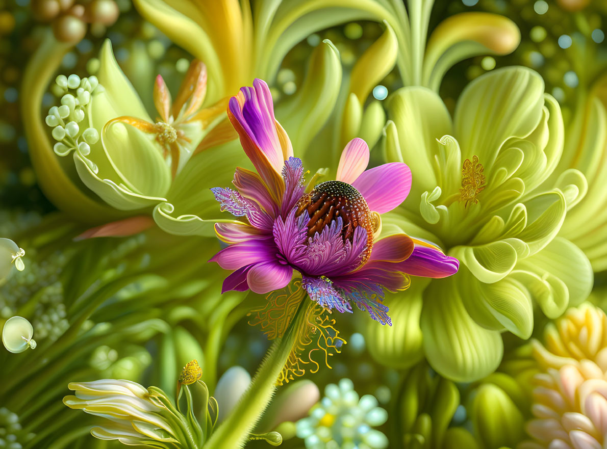 Detailed illustration of lush, fantastical flower in vibrant colors