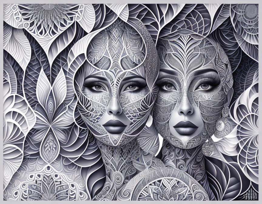 Intricately patterned monochromatic female faces on floral background