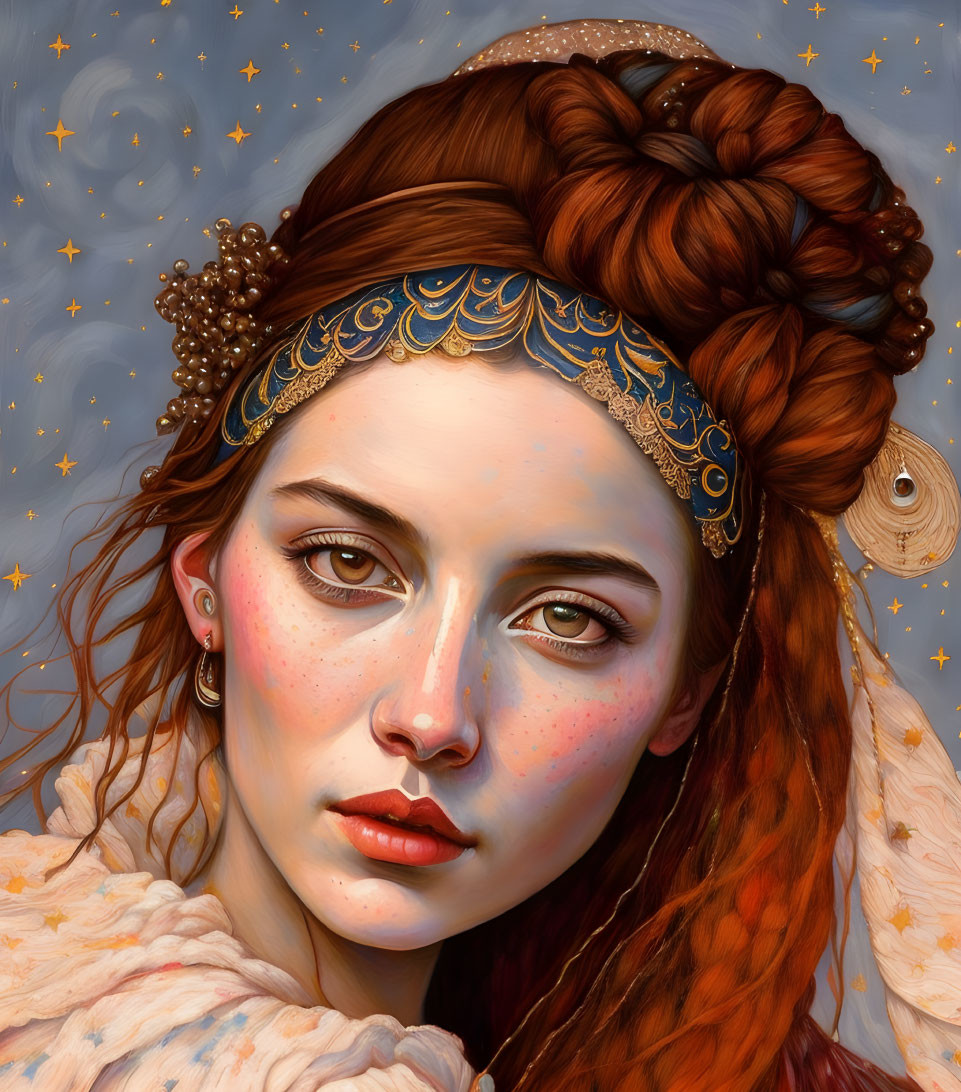 Detailed Braided Updo Portrait with Golden Headpiece on Starry Background