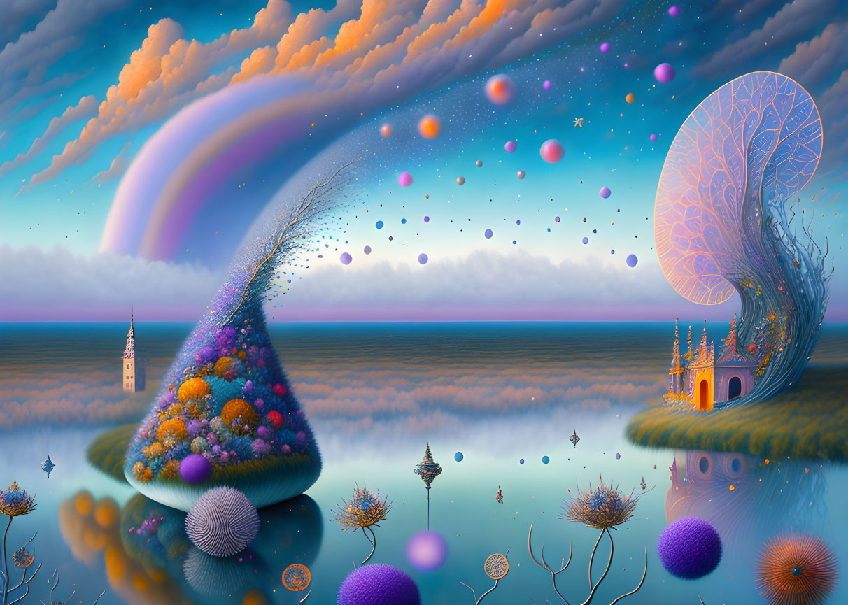 Colorful surreal landscape with rainbow, floating orbs, castle, and teardrop-shaped islands.