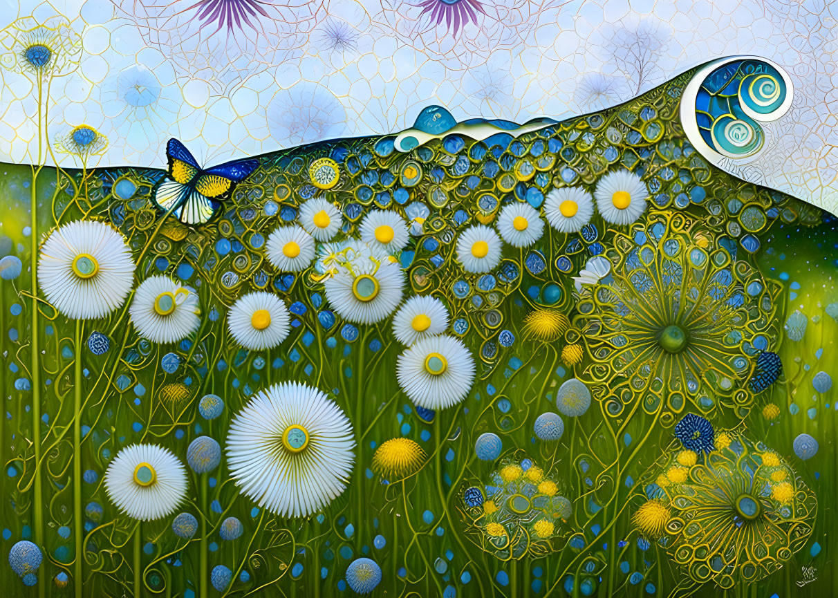 Colorful landscape with hill, dandelions, butterfly, and geometric sky